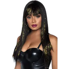 Leg Avenue-Long bang wig with tinsel Black/Gold - Чорна перука з люрексовою ниткою