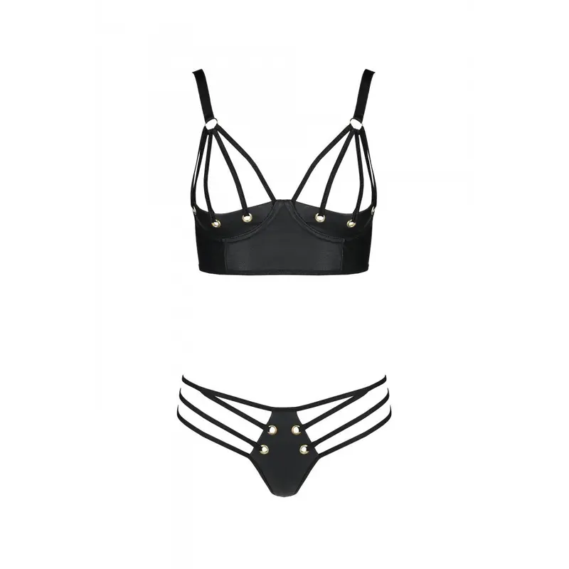 Passion Malwia Bikini - Комплект з еко-шкіри: з люверсами та ремінцями, бра та трусики, XXL/XXXL(чорний)