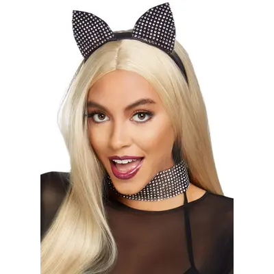 Leg Avenue-Cat ear headband & choker set Black - Чокер со стразами и кошачьи ушки