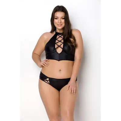 Passion Nancy Bikini - Комплект из эко-кожи: бра и трусики с имитацией шнуровки, 6XL/7XL (чёрный)