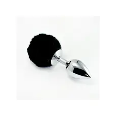 LoveToy Large Silver Plug+Pompon Black - Большая серебристая анальная пробка с пушистым хвостом, 17х4 см (чёрный)