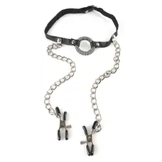 O-Ring Gag with Nipple Clamps - Кляп-кольцо с зажимами для сосков (чёрный)