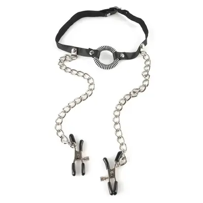 O-Ring Gag with Nipple Clamps - Кляп-кольцо с зажимами для сосков (чёрный)