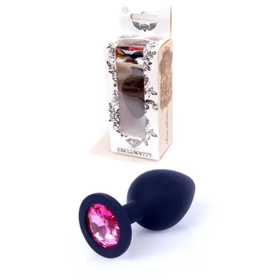 Boss Silikon Plug Jewellery Black Medium - Анальная пробка с кристаллом, 8х3.5 см (черный с розовым)