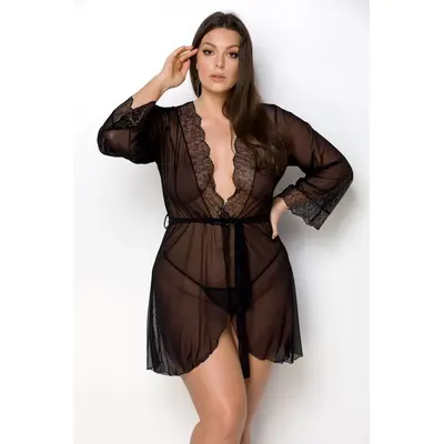 Passion Amberly Peignoir - еротичний пеньюар, 4XL/5XL (чорний)