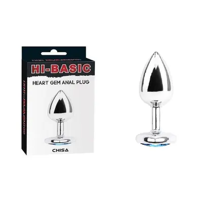 Chisa Hi-Basic Blue Gem Anal Plug - Анальна металева пробка з каменем в формі серця, 7.1х2.8 см (сріблястий з блакитним)