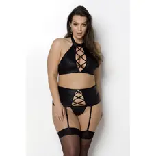 Passion Nancy Set - Комплект з імітацією шнурівки топ, трусики та пояс для панчох, 6XL/7XL (чорний)