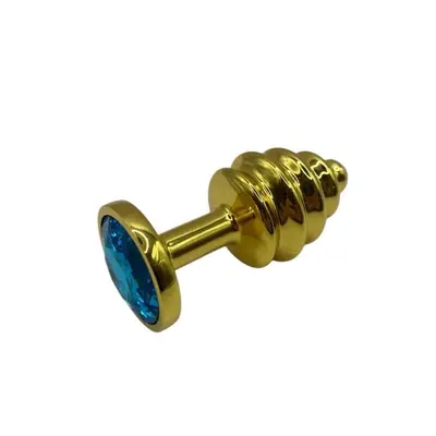 Металева анальна пробка із кристалом Пікантні Штучки Gold Water Blue - розмір S
