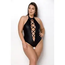 Passion Nancy Body - Боді з еко-шкіри з імітацією шнурівки та відкритим доступом, 4XL/5XL