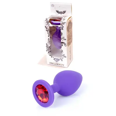 Boss Jewellery Purple Silicon Plug Medium Red Diamond - Анальная пробка с кристаллом, 8х3.5 см (фиолетовый с красным)