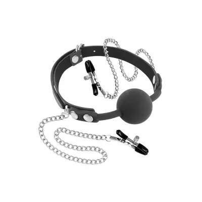 Fetish Tentation Gag Ball with Nipple Clamps - Кляп с силиконовым шариком и зажимами для сосков