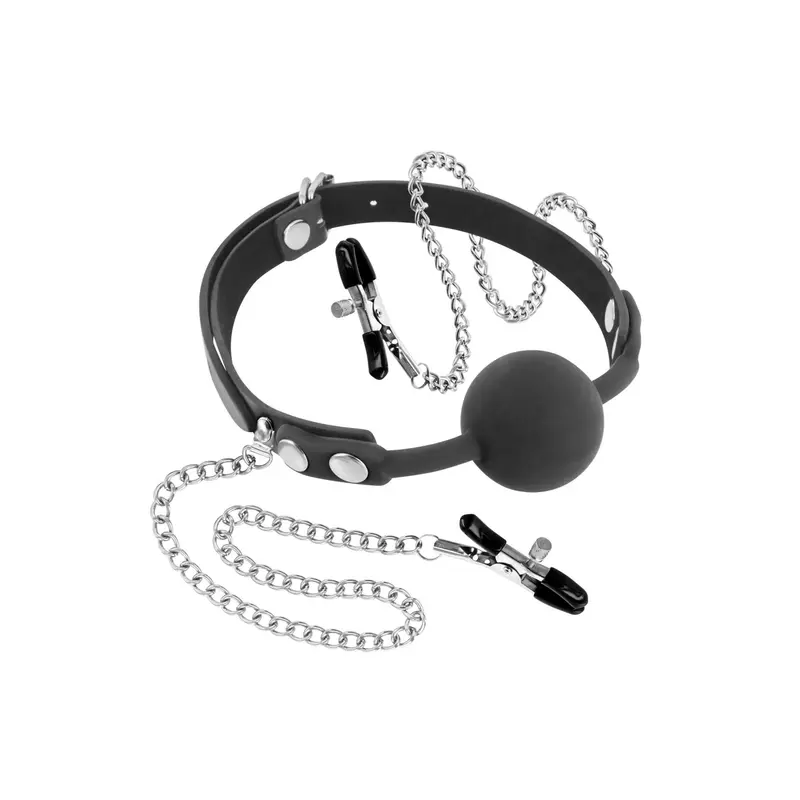 Fetish Tentation Gag Ball with Nipple Clamps - Кляп с силиконовым шариком и зажимами для сосков