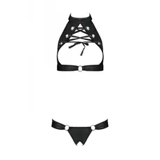 Passion Malwia Set - Комплект: открытый топ и трусики из эко-кожи с люверсами, XXL/XXXL (чёрный)