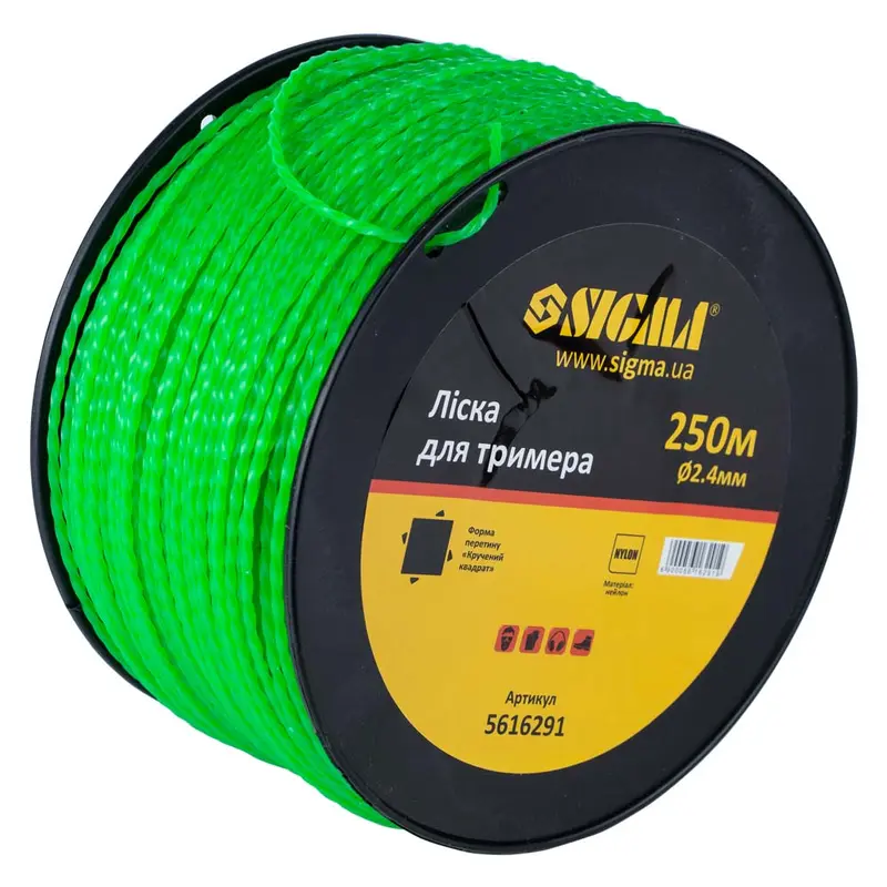 Ліска для тримера кручений квадрат Ø2.4мм 250м котушка SIGMA (5616291) Ліска для тримера кручений квадрат Ø2.4мм 250м котушка SIGMA (5616291)