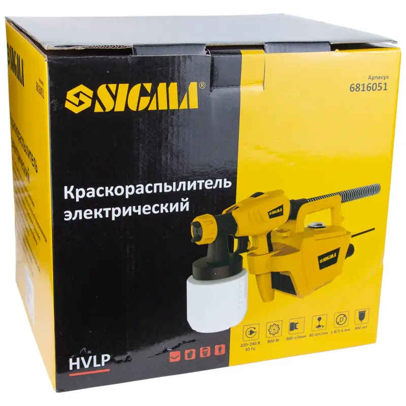 Фарборозпилювач електричний HVLP 800Вт Ø1.8/2.6мм 900мл/хв н/б 800мл SIGMA (6816051) Фарборозпилювач електричний HVLP 800Вт Ø1.8/2.6мм 900мл/хв н/б 800мл SIGMA (6816051)