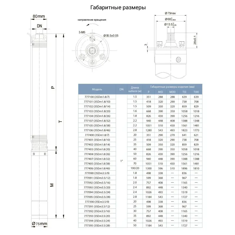 Насос відцентровий свердловинний 0.55кВт H 86(66)м Q 45(30)л/хв Ø80мм 40м кабелю AQUATICA (DONGYIN) 3SEm1.8/20 (777403) Насос відцентровий свердловинний 0.55кВт H 86(66)м Q 45(30)л/хв Ø80мм 40м кабелю AQUATICA (DONGYIN) 3SEm1.8/20 (777403)