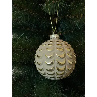 Ялинкова скляна кулька "Chomik" Ø 8 см, рельєф луска, бежево-золотиста