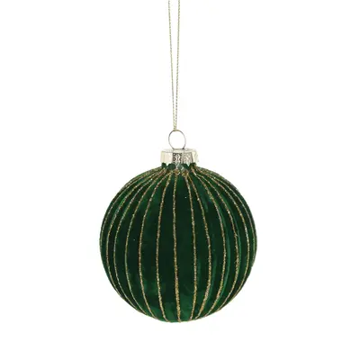 Ялинкова скляна кулька велюр "Chomik" Ø 8 см, зелена смугаста