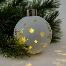 Ялинкова скляна кулька Chomik біла з LED підсвіткою 8 см, сніжинка велика