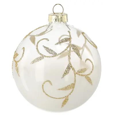Ялинкова скляна прикраса Chomik біла, 8 см, візерунок гілка