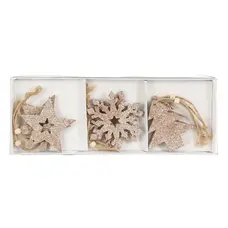 Прикраси новорічні підвісні "Сніжинки, зірки та ялинки" House of Seasons", комплект 6 шт, дерев'яні, шампань