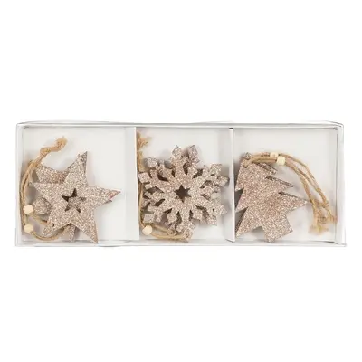 Прикраси новорічні підвісні "Сніжинки, зірки та ялинки" House of Seasons", комплект 6 шт, дерев'яні, шампань