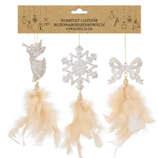 Прикраса-підвіска "Янгол, бант, сніжинка" Chomik з пір'ям, комплект 3 шт, 22 см, шампань