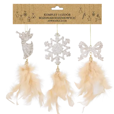 Прикраса-підвіска "Янгол, бант, сніжинка" Chomik з пір'ям, комплект 3 шт, 22 см, шампань