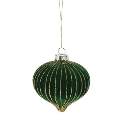 Ялинкова скляна кулька велюр "Дзига" Chomik Ø 8 см, зелена смугаста