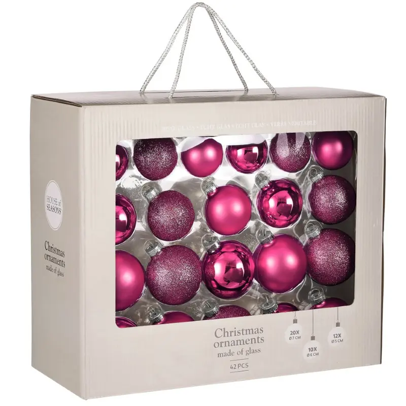 Ялинкові скляні кульки House of Seasons комплект 42шт, Ø 7/6/5 см, фуксія