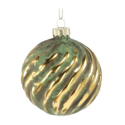 Ялинкова скляна кулька Chomik зелено-золота 8 см, рельєф хвиля