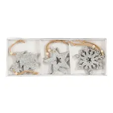 Прикраси новорічні підвісні "Сніжинки, зірки та ялинки" House of Seasons", комплект 6 шт, дерев'яні, сріблясті