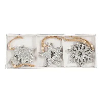Прикраси новорічні підвісні "Сніжинки, зірки та ялинки" House of Seasons", комплект 6 шт, дерев'яні, сріблясті