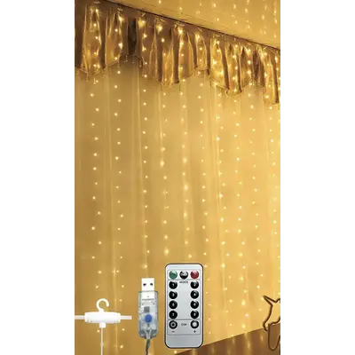 Гірлянда-штора Chomik, 3х3 м, 300 LED теплий білий, USB з пультом