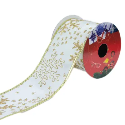 Стрічка декоративна з блискучим візерунком "Chomik" 6 см х 2,7 м, великі сніжинки золото
