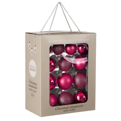 Ялинкові скляні кульки "House of Seasons" комплект 26 шт, Ø 7/6/5 см, фуксія