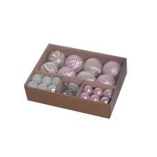 Ялинкові пластикові кульки рел'єфні і шишки Chomik комплект 36 шт, Ø 3, 4, 6 см, мікс рожеві, шампань