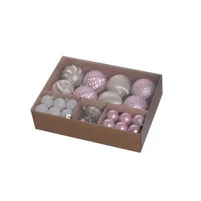 Ялинкові пластикові кульки рел'єфні і шишки Chomik комплект 36 шт, Ø 3, 4, 6 см, мікс рожеві, шампань