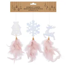 Прикраса-підвіска Chomik "Олень, Дзвіночок, Сніжинка" з пір'ям 22 см, комплект 3шт, шампань