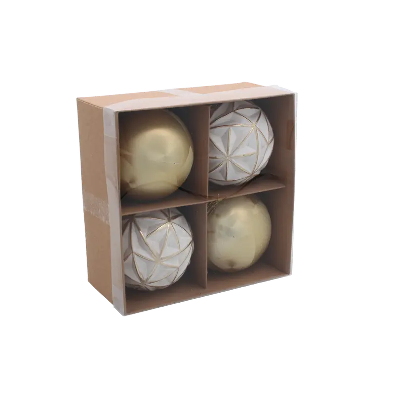 Ялинкові пластикові кульки Chomik комплект 4 шт, Ø 8 см, біло-золотисті