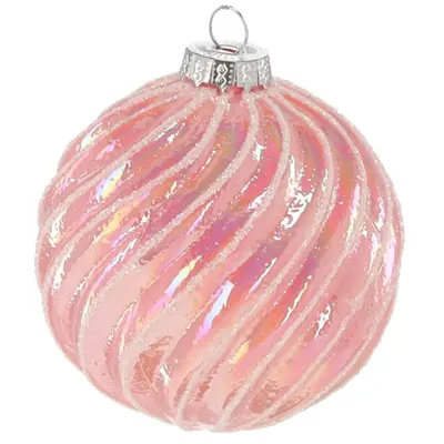 Ялинкова скляна кулька Chomik рожева рельєфна 8 см, хвиля рельєф