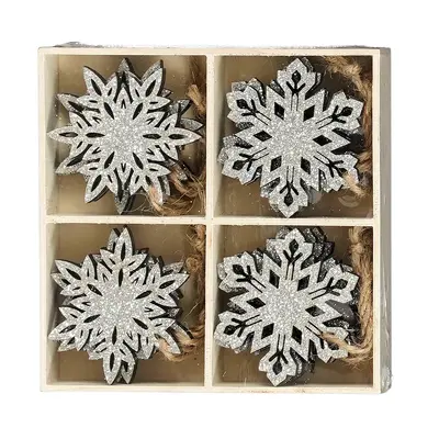 Прикраси новорічні підвісні "Cніжинки" House of Seasons, комплект 16 шт, дерев'яні сріблясті