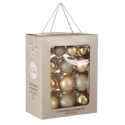 Ялинкові скляні кульки "House of Seasons" комплект 26 шт, Ø 7/6/5 см, шампань