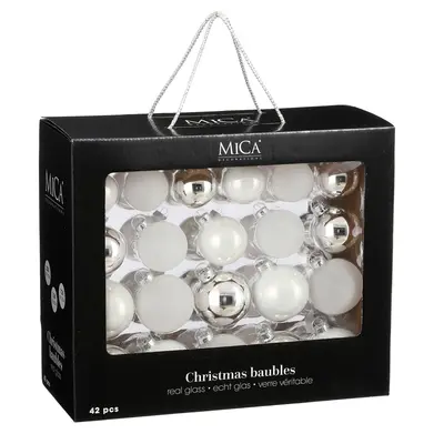 Ялинкові скляні кульки Mica Decorations компл. 42 шт, Ø 7/6/5 см, білі
