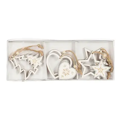 Прикраси новорічні підвісні "Сердечка, зірки та ялинки" House of Seasons", комплект 6 шт, дерев'яні, сріблястий дизайн