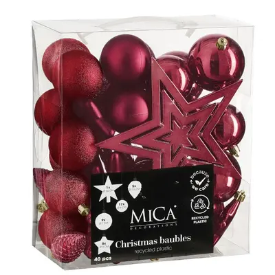 Ялинкові пластикові кульки і прикраси Mica Decorations комплект 40 шт, Ø 8/7/6 см, вишневі