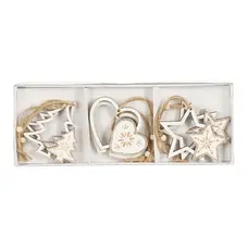 Прикраси новорічні підвісні "Сердечка, зірки та ялинки" House of Seasons", комплект 6 шт, дерев'яні, шампань дизайн