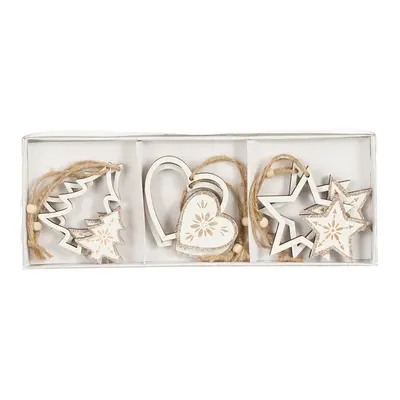 Прикраси новорічні підвісні "Сердечка, зірки та ялинки" House of Seasons", комплект 6 шт, дерев'яні, шампань дизайн