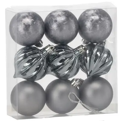 Ялинкові пластикові кульки Chomik компл. 9шт, Ø 6см, сірі
