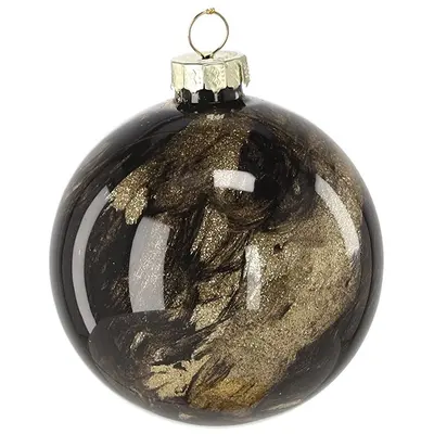 Ялинкова скляна прикраса Chomik золотисто-чорний мармур 8 см, куля
